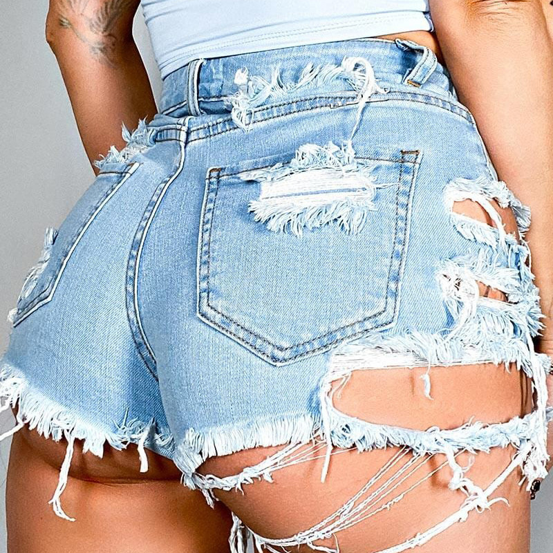 Factory Direct Sales European and American Women's Clothing Amazon New Irregular Tearing Raw Hem Ripped Wish Denim Shorts Hot Pants