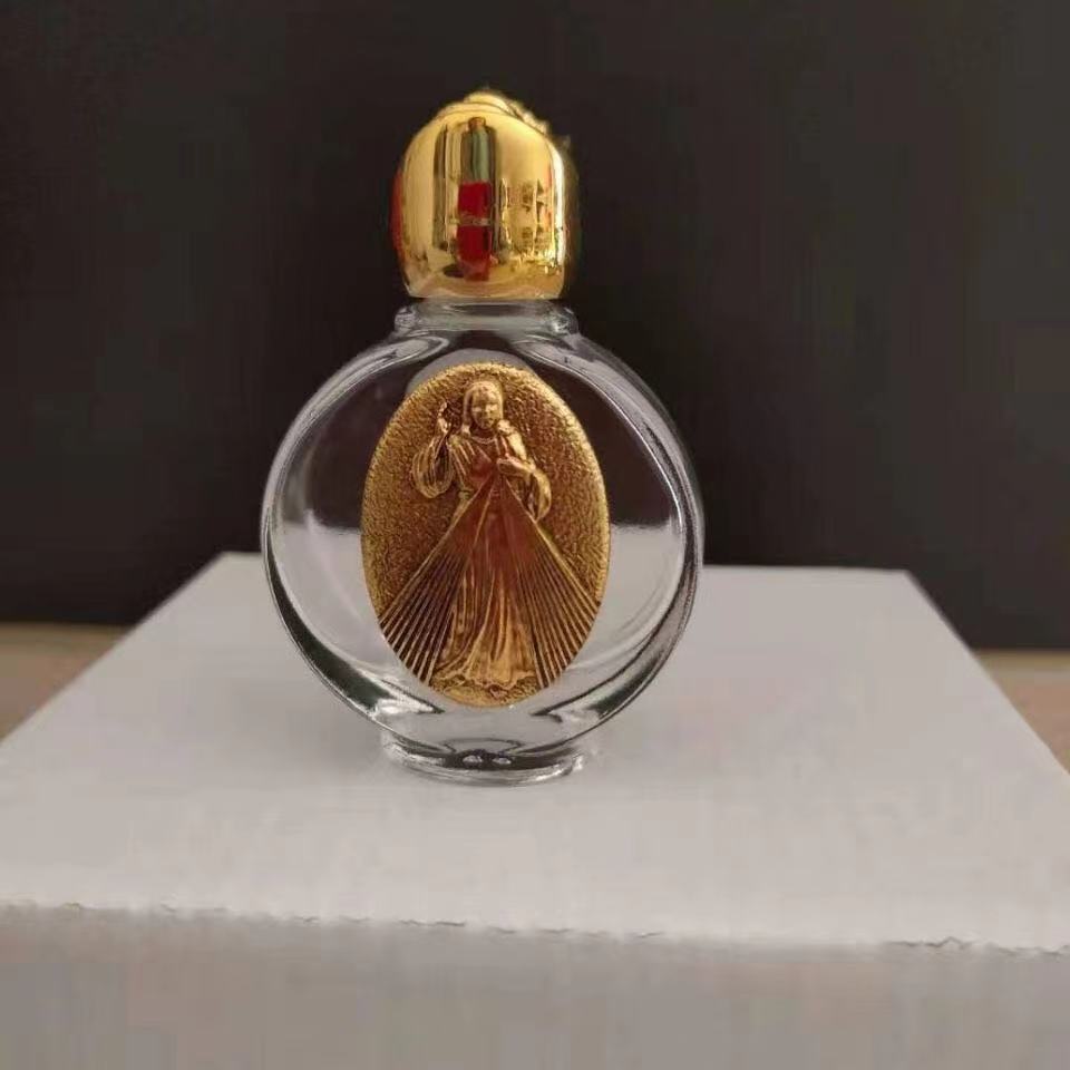 新款便携玫瑰花水晶玻璃合金浮雕圣像旅行专用圣水瓶天主教圣物