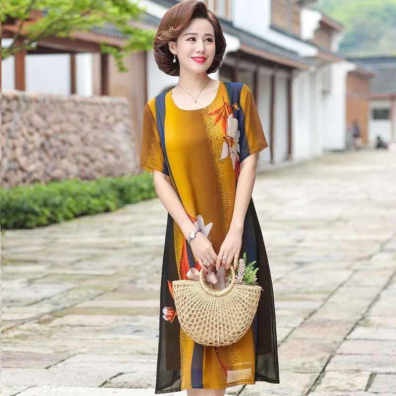 Women's New 2023 Popular Mom Dress Wide and Fashionable Noble plus Size Middle-Aged and Elderly Women's Dress