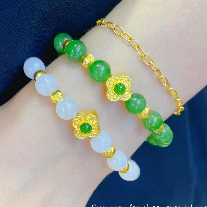 999足金四叶草手链黄金镶和田玉手串3d硬金路路通转运珠生日送礼