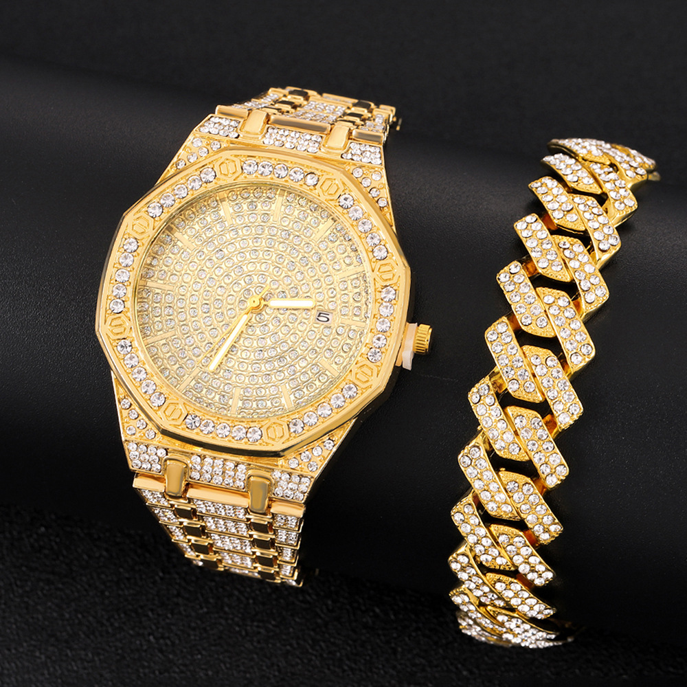 男士 商务 时尚 满钻带日历大表盘钢带石英手表 时尚百搭嘻哈手链