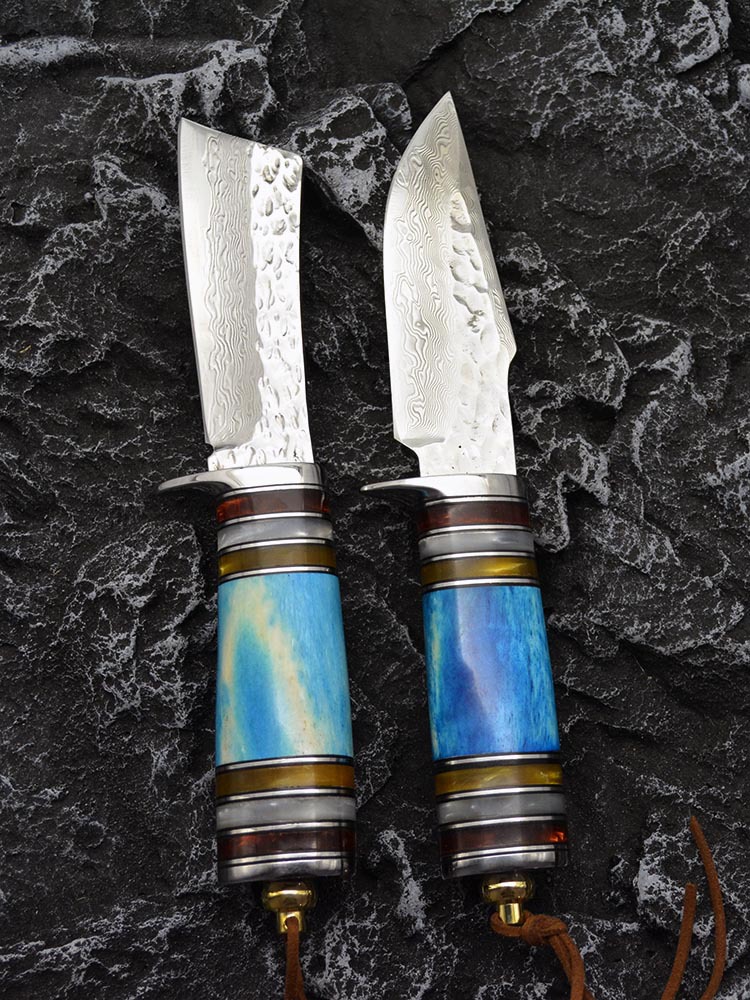 手工锻打大马士革钢刀高硬度锋利vg10花纹钢小直刀露营荒野求生刀