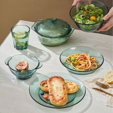 玻璃碗双耳带盖耐高温水果沙拉餐盘汤碗玻璃煲微波炉专用蓝色盘