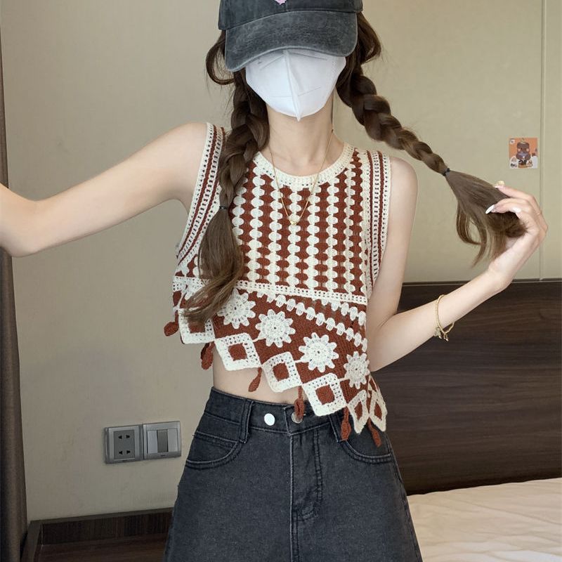 韩版复古编织吊带女夏季新款不规则钩花镂空短款背心高腰无袖上衣