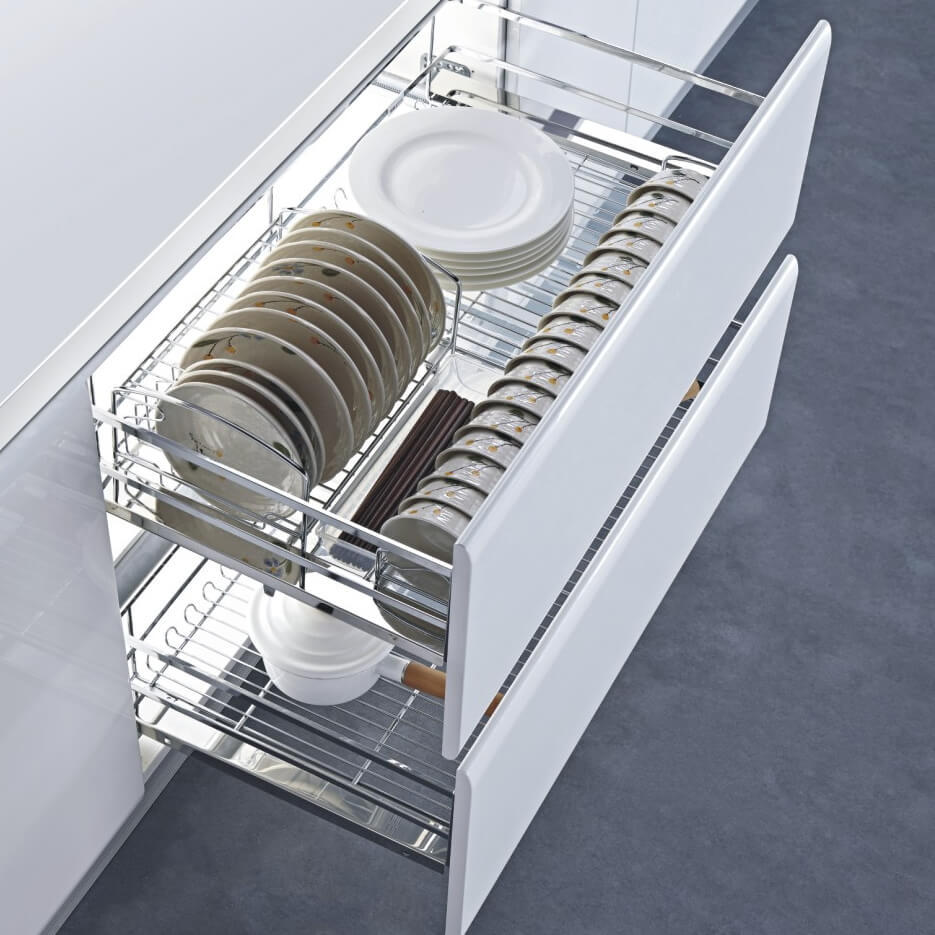 直播拉篮碗篮厨房橱柜不锈钢方钢双层阻尼碗架碗碟拉篮k16