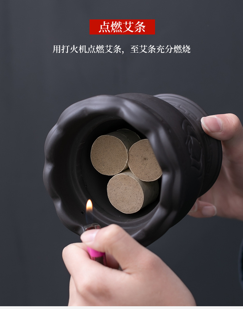 砭石火龙罐温灸器紫砂陶瓷莲花刮痧罐双层加放灰布套艾柱美容院