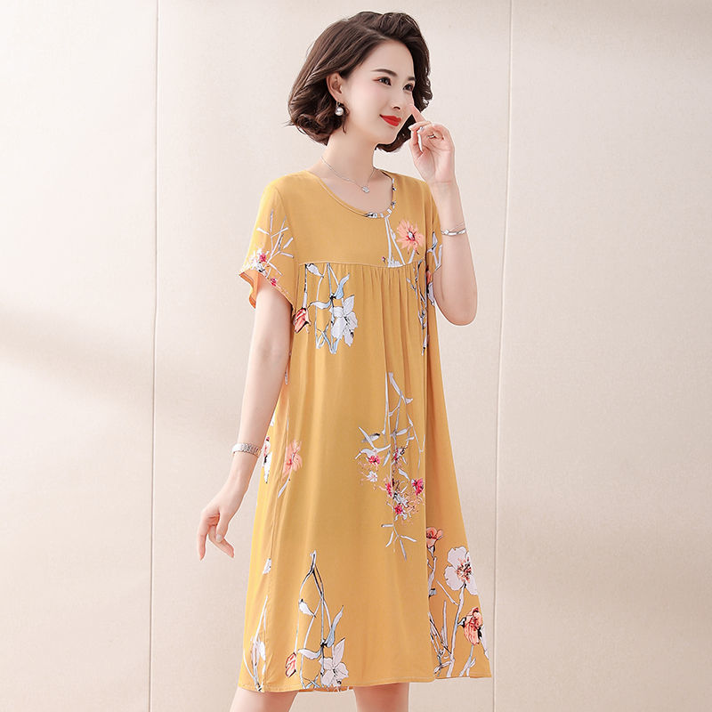 Nightdress Spring and Autumn Middle-Aged and Elderly Women's Cotton Silk Summer Pajamas Dress Mid-Length plus Size Homewear Mom Wear