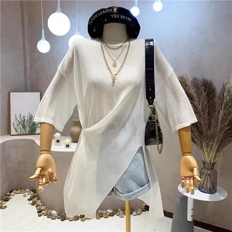 韩国东大门2024夏新款小众设计感侧扣高开叉圆领中长