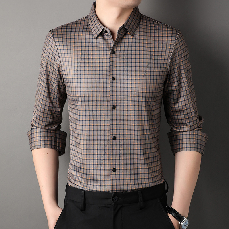 2024新款春秋格子衬衫男长袖时尚休闲修身冰丝无痕衬衣中年爸爸装