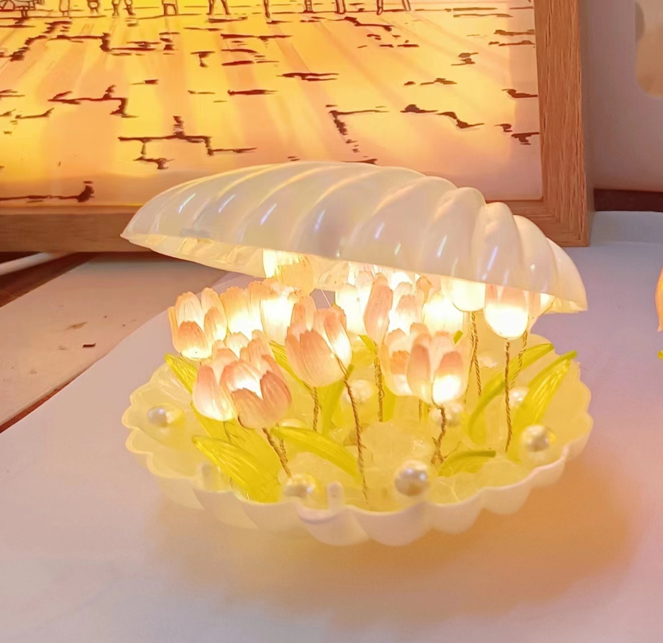 Tiktok Same Style Handmade Diy Shell Tulip Small Night Lamp Creative Gift Bedside Table Ambience Light Luminous Ornaments