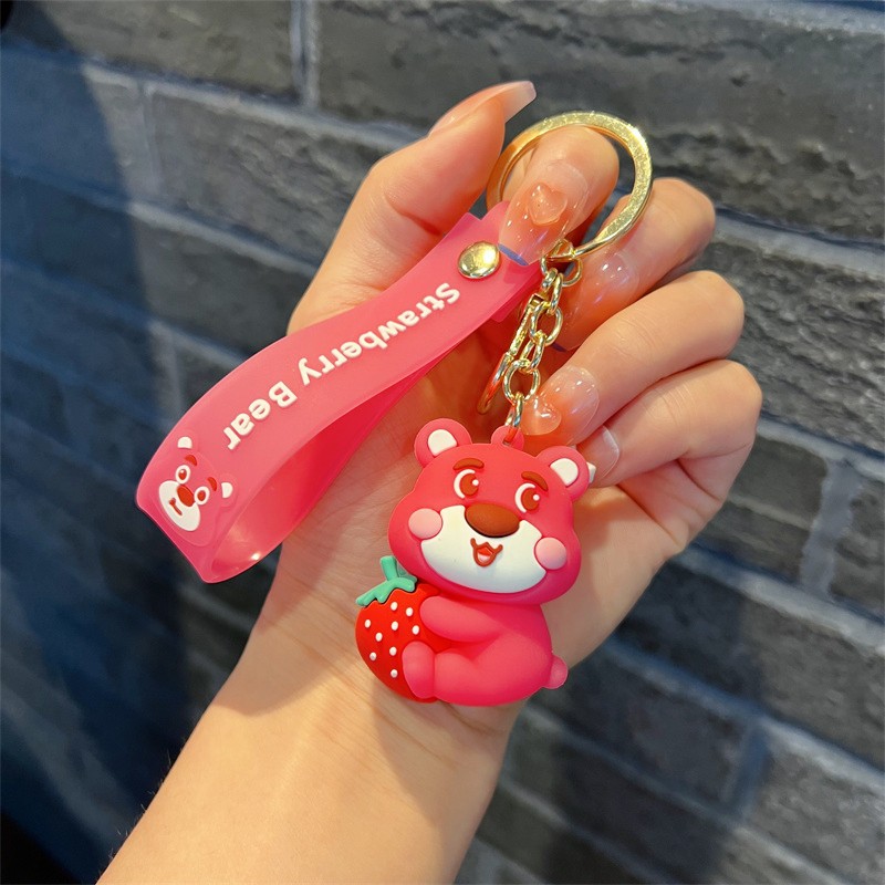 Creative Cartoon Strawberry Bear Keychain Cute Pink Strawberry Bear Key Chain Men and Women Handbag Pendant Wholesale Gifts