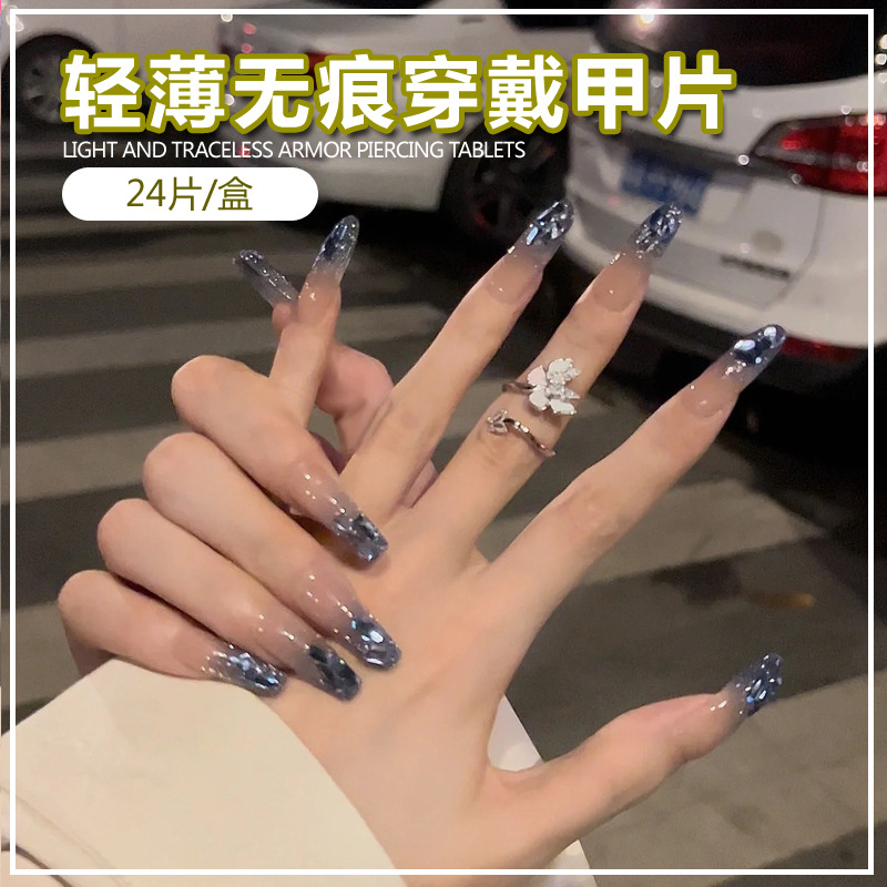 European and American Nail Stickers Handmade Wear Nail Polish Piece Wholesale Diamond in the Debris Glitter Long Nail Sticker Finished Product Jelly Glue Spring