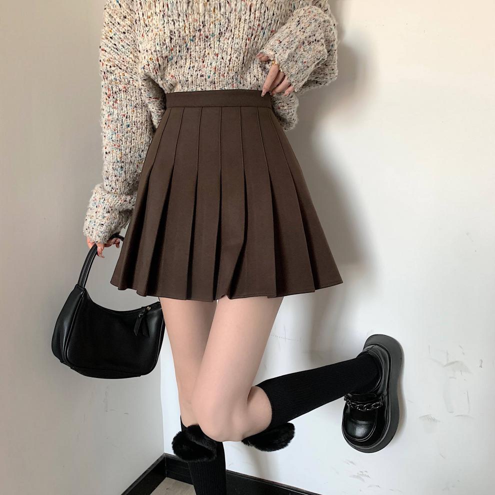 裤子女复古毛呢半身裙女冬季2022年新款高腰显瘦裙子百搭字百褶裙