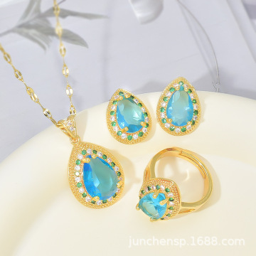 跨境欧美蓝宝石项链女微镶高级感超闪锆石水滴吊坠不掉色首饰套装