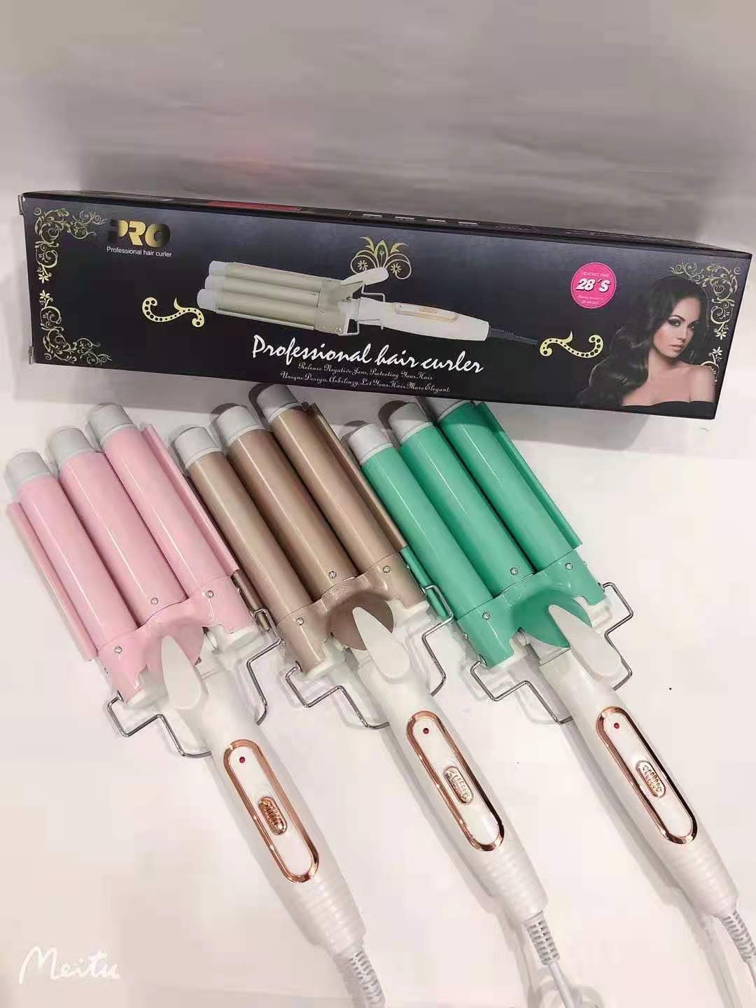 亚马逊蛋卷棒泡面头陶瓷卷发棒三棒小卷发器水波纹三管电卷发棒