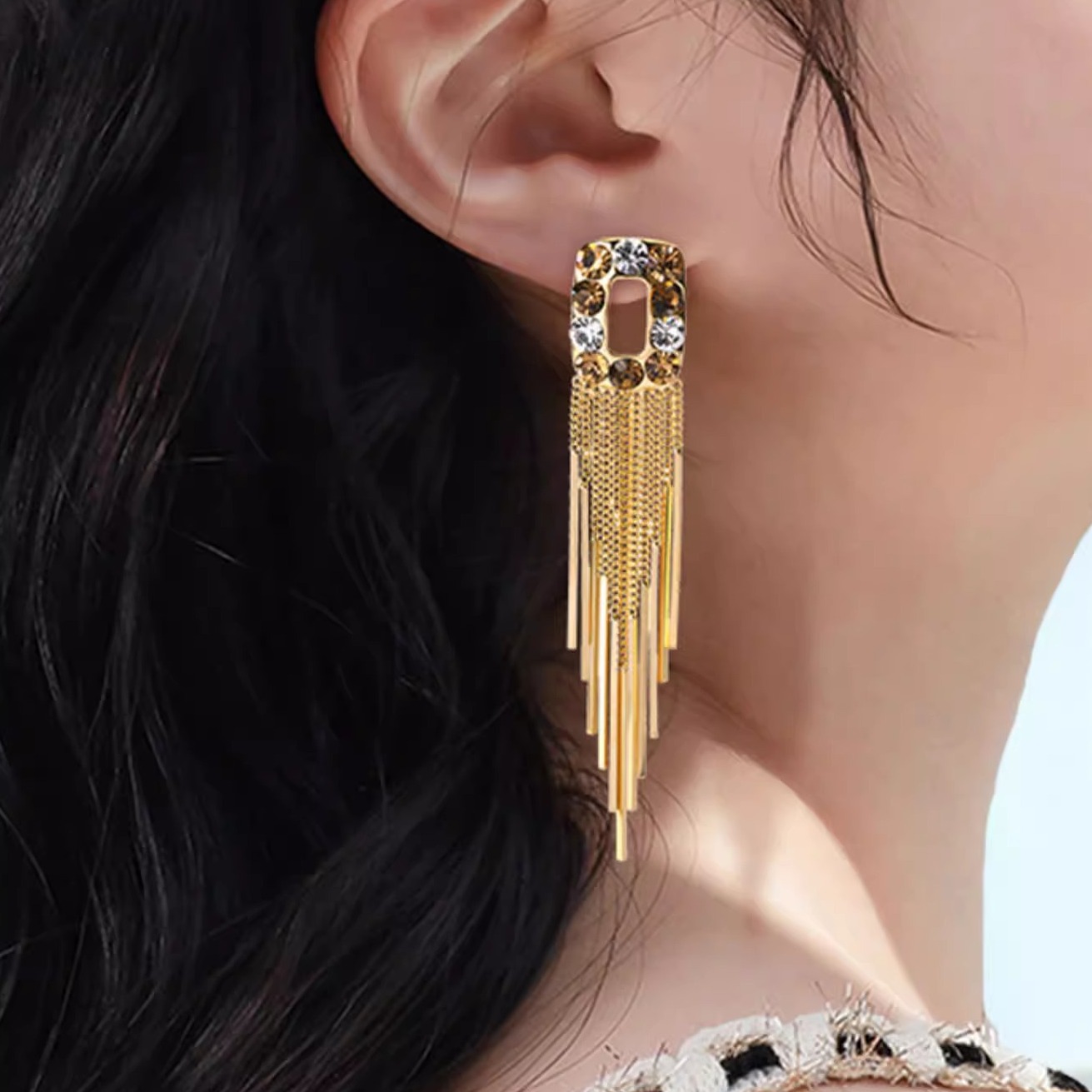 流苏耳环超仙网红圆脸显廋耳坠女韩国气质长款镶钻大牌高级感耳钉