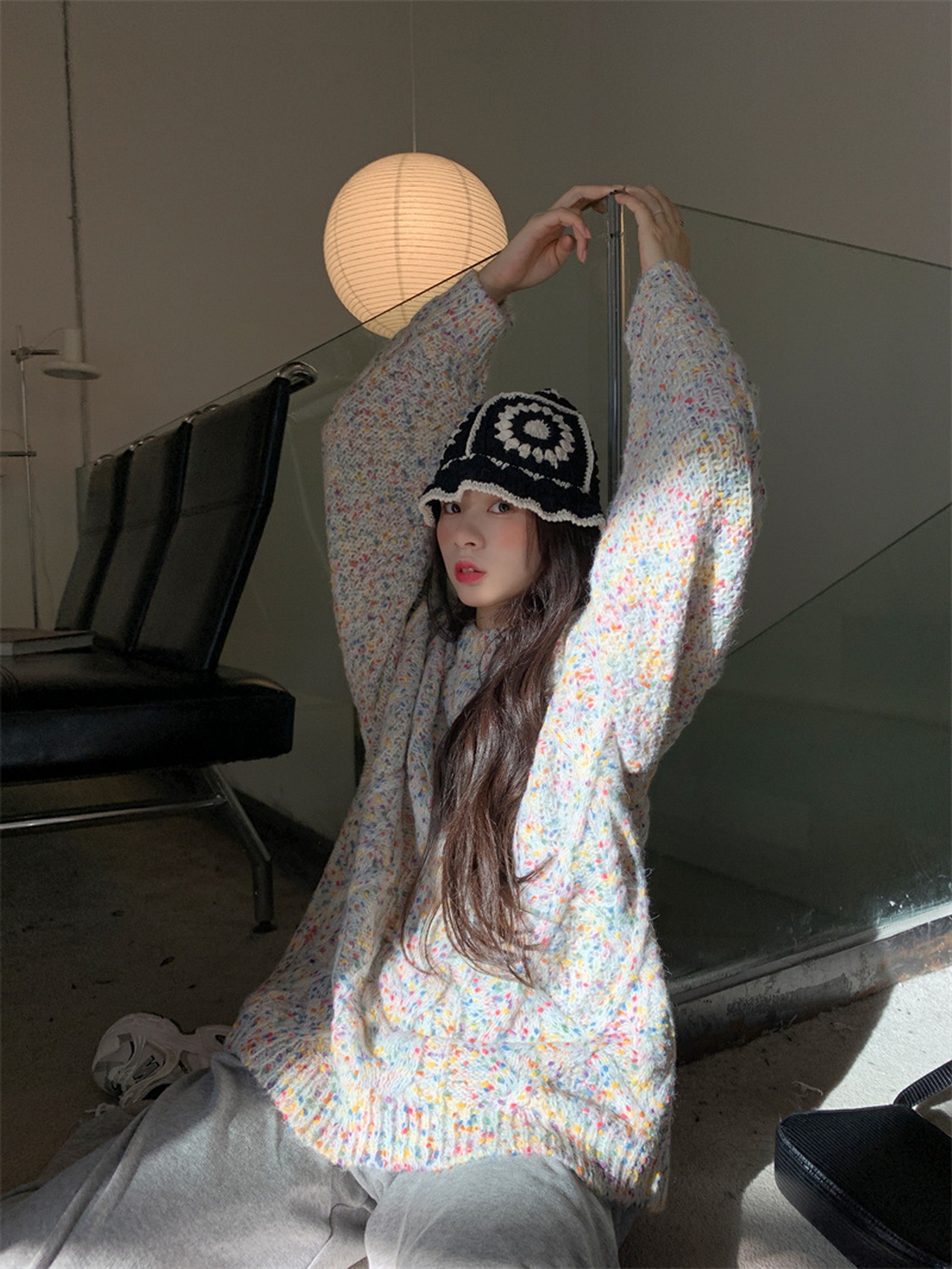 彩色点点羊绒宽松套头厚实秋冬圆领大版毛衣