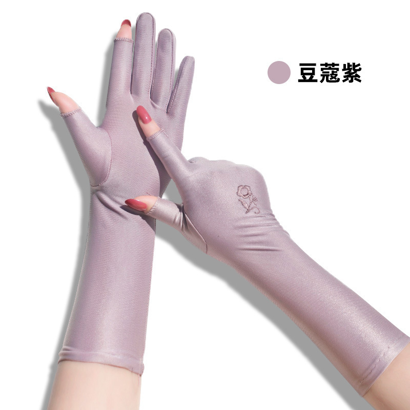 Long Touch Screen Embroidered Breathable Gloves Women's Outdoor Cycling and Driving Sun Protection Gloves Thin Breathable Lengthened Gloves