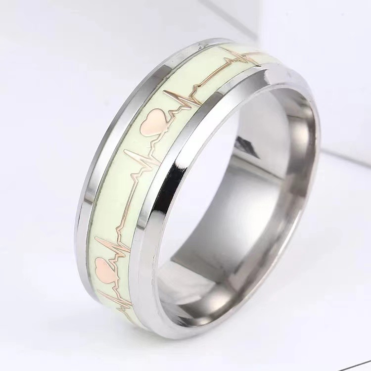 Luminous Titanium Steel Ring European and American ECG Luminous Fluorescent Ornament Stainless Steel Ring Heartbeat Couple Love Ring