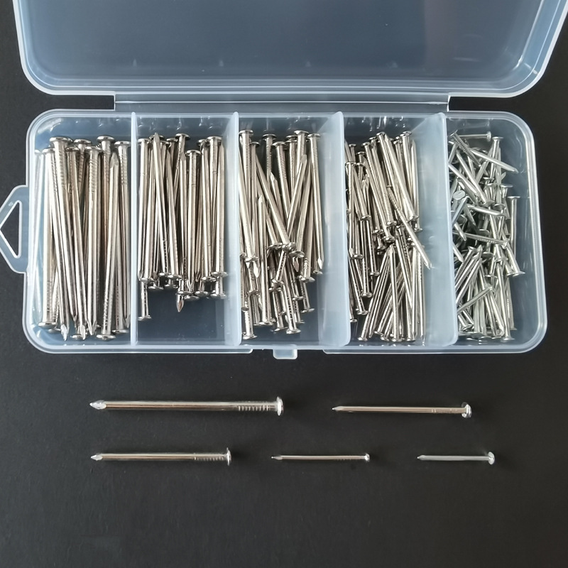 供跨境银色圆头小铁钉5个尺寸260根收纳盒装 木工家具木墙细钉子