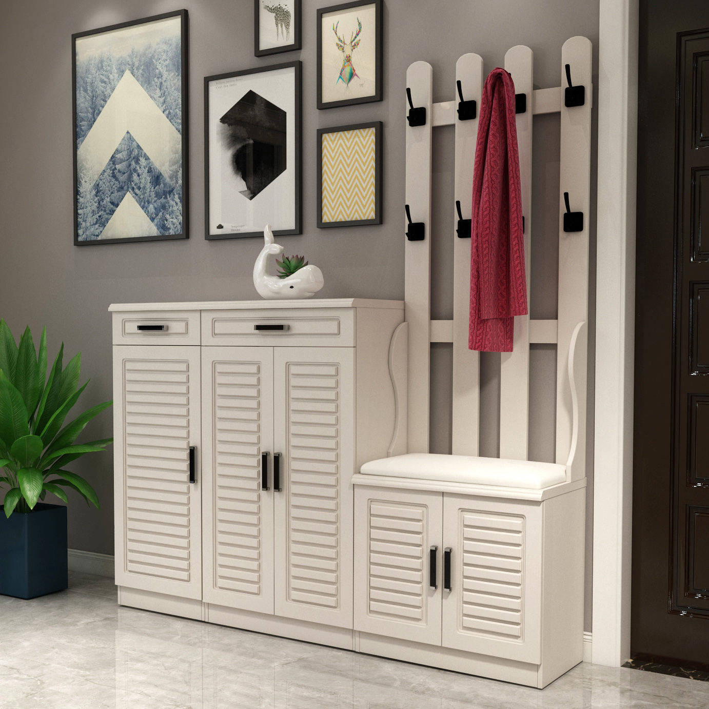 门口鞋柜家用简约现代门厅柜多功能大容量鞋柜带挂衣架换鞋凳可坐