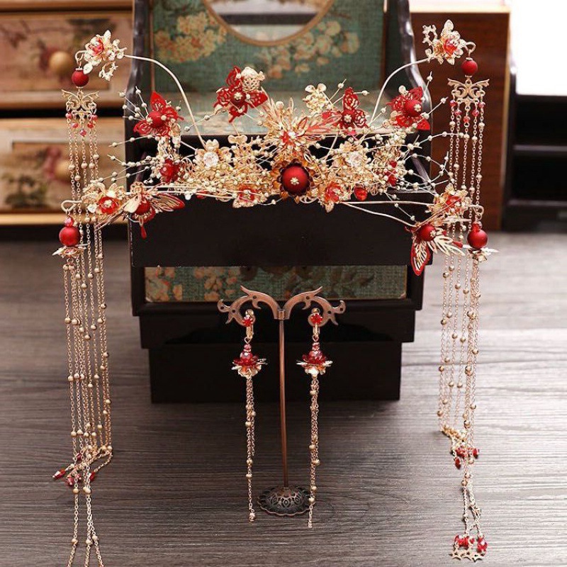 秀禾头饰秀禾服新娘结婚大气奢华流苏步摇套装中式凤冠古装红色女