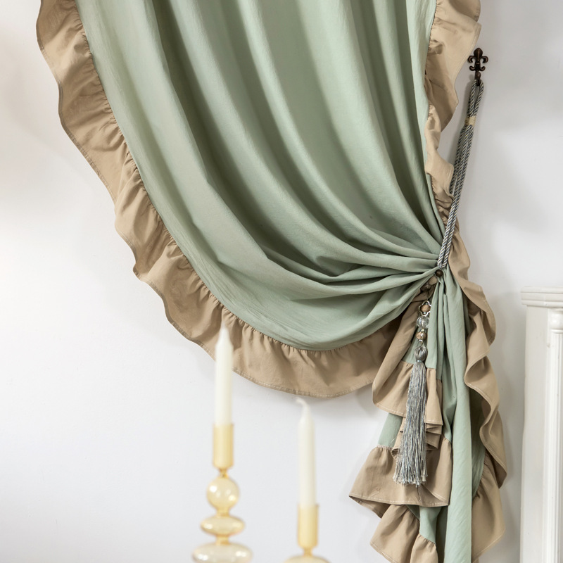 乐轩秀新品荷叶边棉麻窗帘成品 ins 挂钩式成品飘窗窗帘布批发