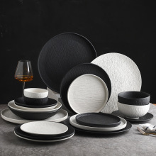 日式黑白餐具家用米饭碗餐厅盘西餐牛排盘陶瓷岩石纹圆形特色餐盘