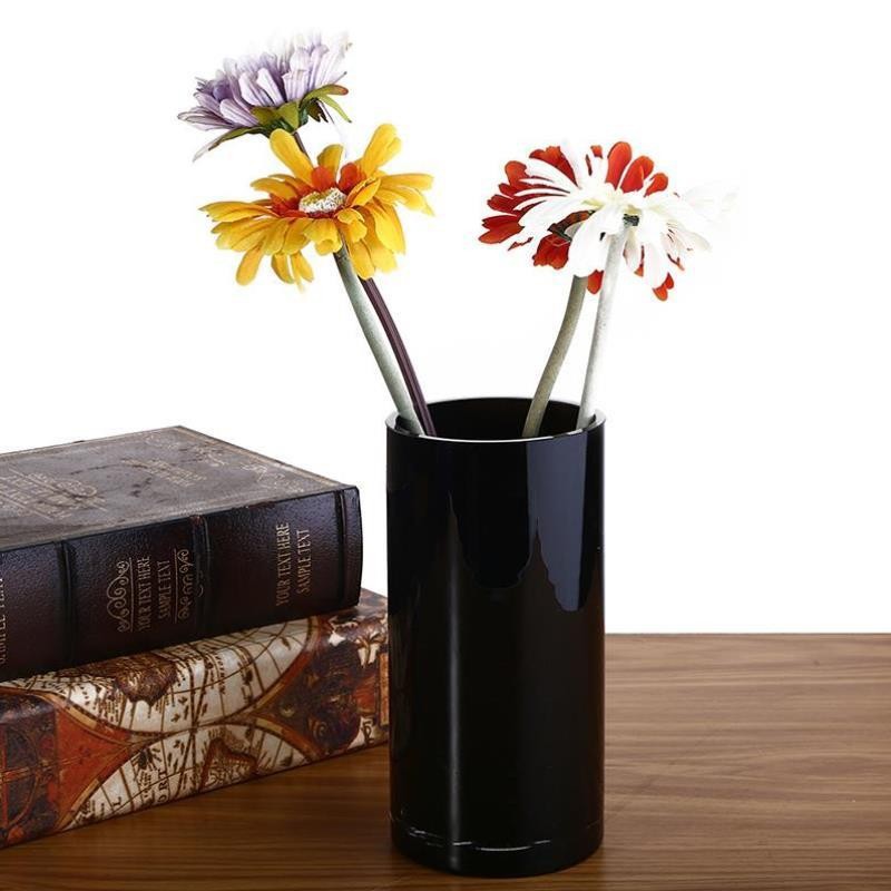 Thickened Black Straight Glass Vase Hotel Lobby White Cylindrical Floor Flower Container Model Room Wedding