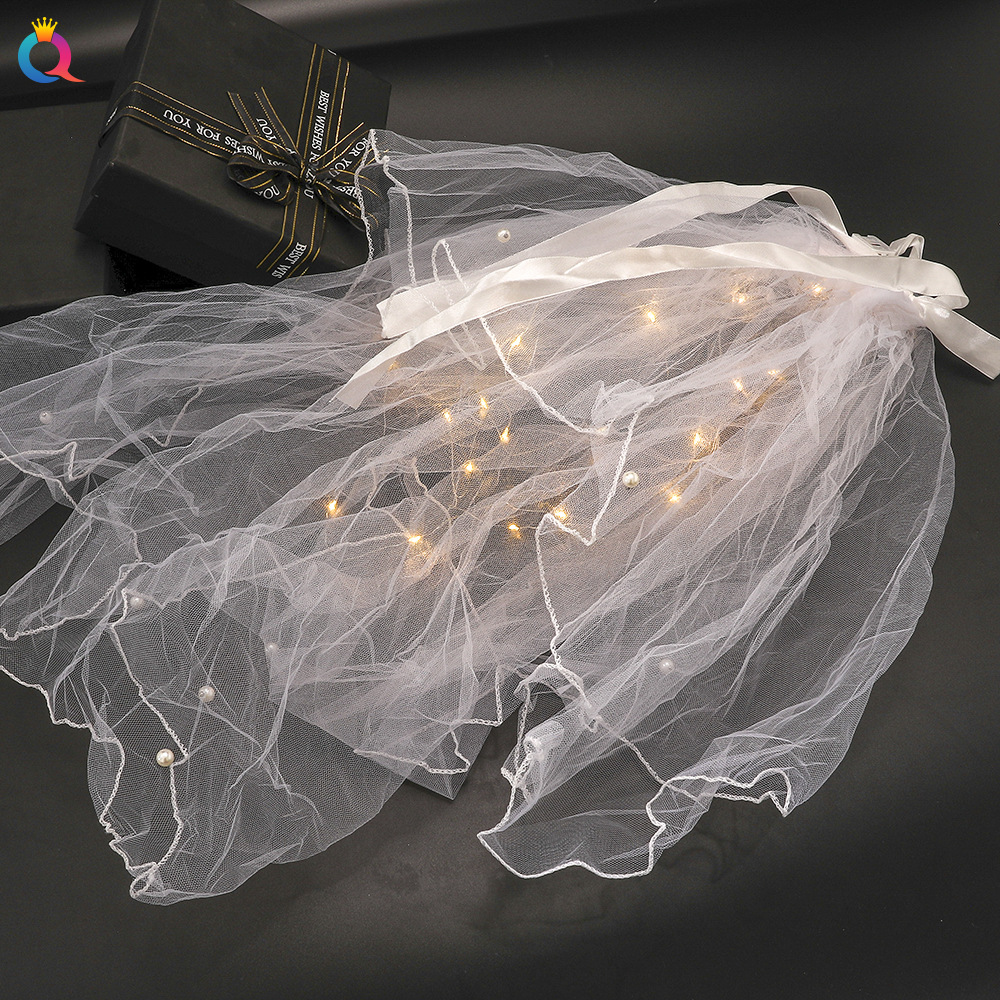 奇阅发光头纱网红带灯长软纱超仙蝴蝶结写真拍照领证头纱新娘头纱