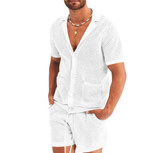 跨境亚马逊男装夏季套装欧美网眼针织休闲翻领t恤短袖短裤男装