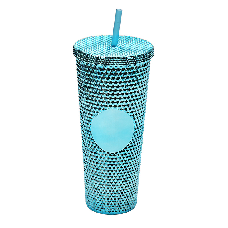Cross-Border Factory Direct Supply Double Plastic Straw Cup Large Capacity Creative L Electroplating Gradient Color Tie Hand Durian Cup