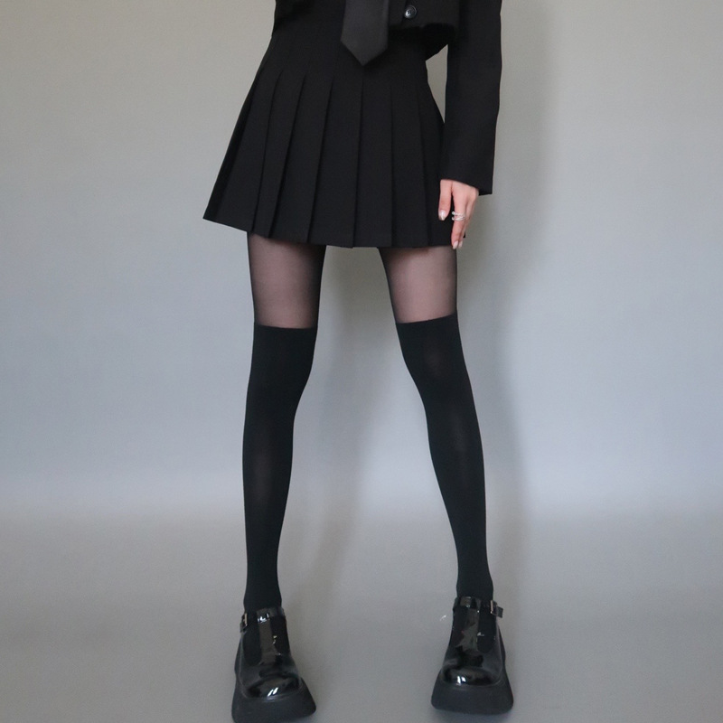 拼接丝袜黑丝jk美腿小腿袜春秋薄款日系假高筒打底连裤袜女中筒袜