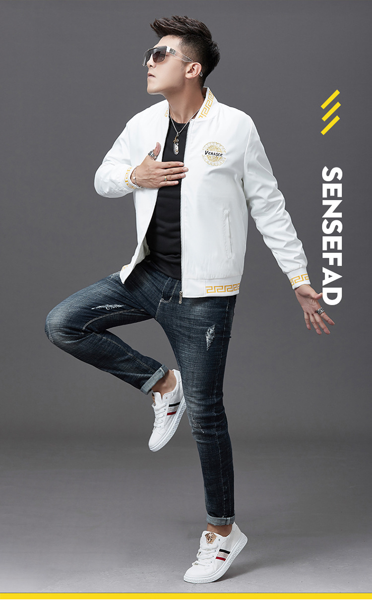 春秋白色外套休闲夹克男美人头刺绣欧洲站棒球领潮牌靓仔男装