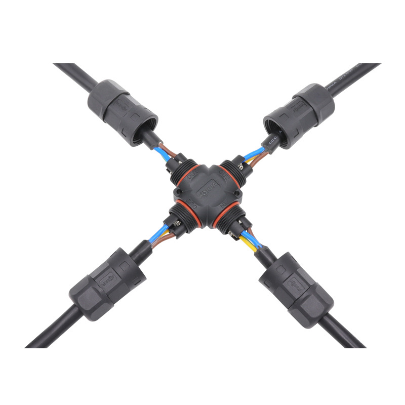 ahua澳华m23十字四通大电流通讯电源航空插头三防灯防水连接线