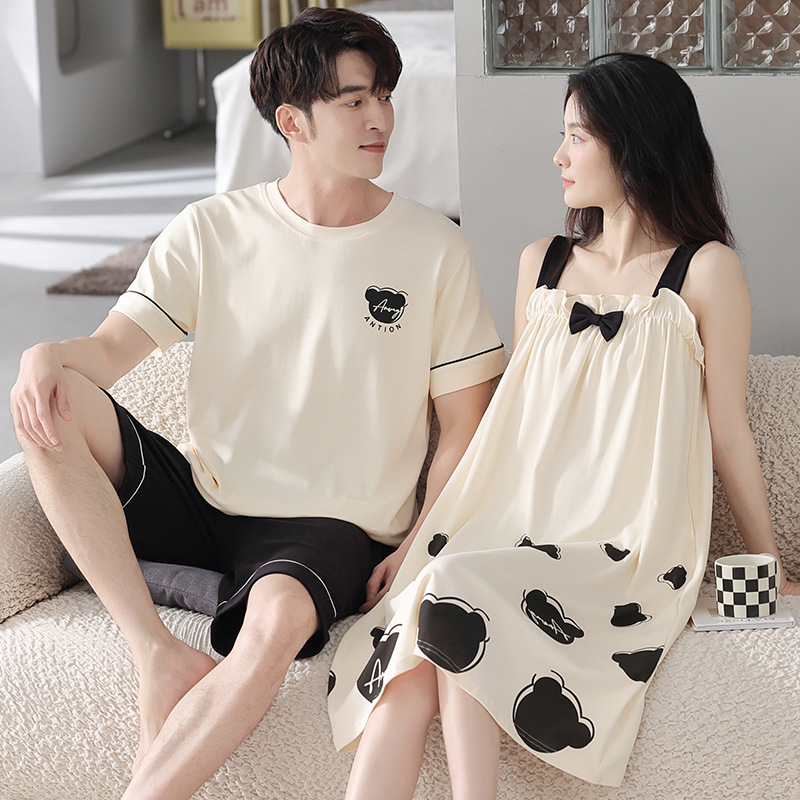 睡衣情侣装夏季纯棉短袖男女生卡通可爱甜美睡裙吊带薄家居服套装
