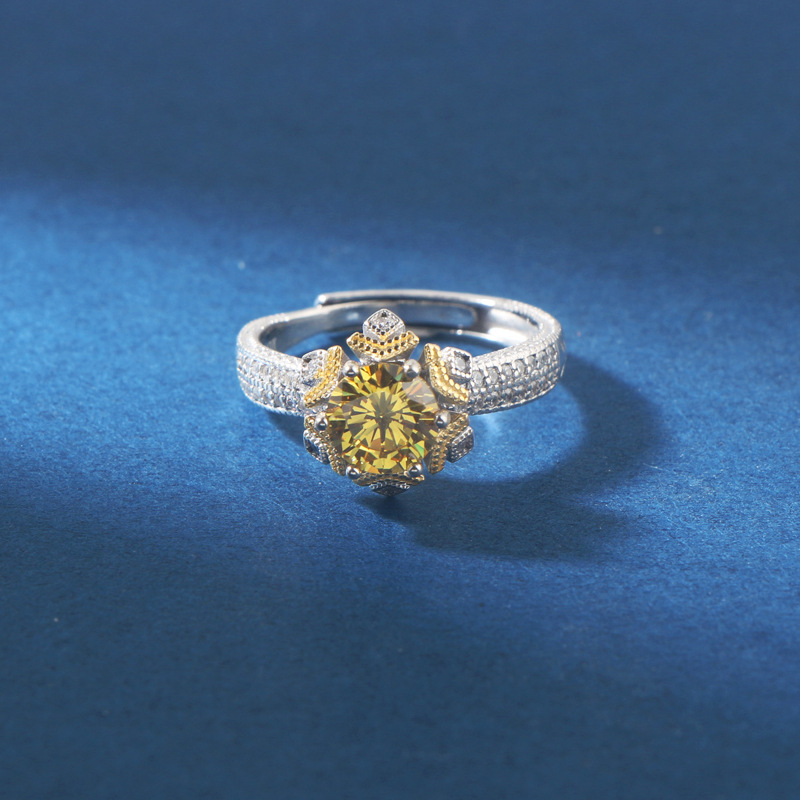 新款黄钻幸运花朵欧美时尚活口设计戒指女豪华镀黄金分色宝石跨境