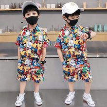 男童夏季套装2024新款韩范时髦短袖衬衫两件套潮儿童卡通炸街衣服