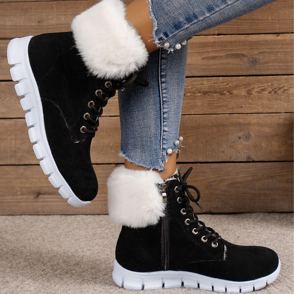 新款女鞋中帮休闲平跟加绒保暖中帮雪地靴女平底短靴子-阿里巴巴