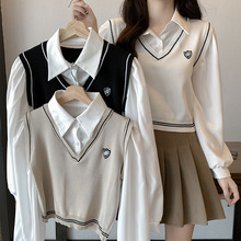实价实价秋冬新款韩版设计感学院风Polo领衬衫拼接马甲长袖上衣女