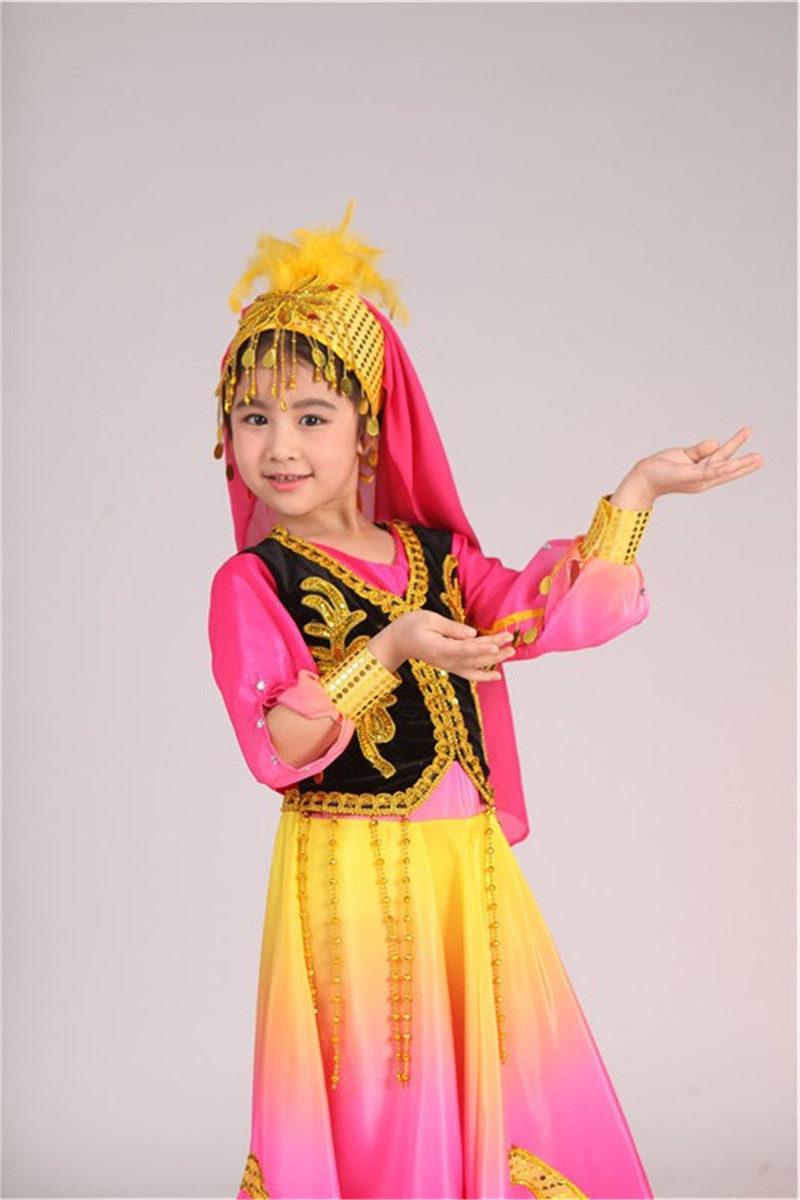 儿童新疆舞演出服女童大摆连衣裙维吾尔族舞蹈服装少数民族风套装