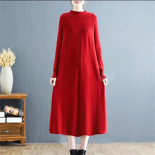 加大码针织红色毛衣秋冬女装新妈妈装本命年连衣裙过膝长款打底衫