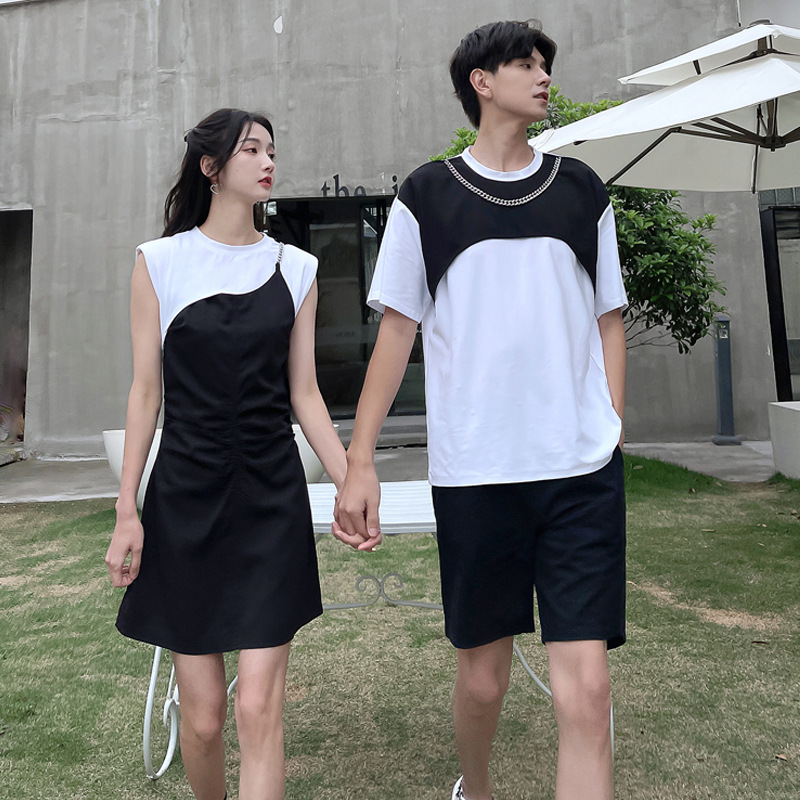 情侣装夏季甜辣假两件连衣裙设计感收腰气质短裙一裙一衣男套装潮