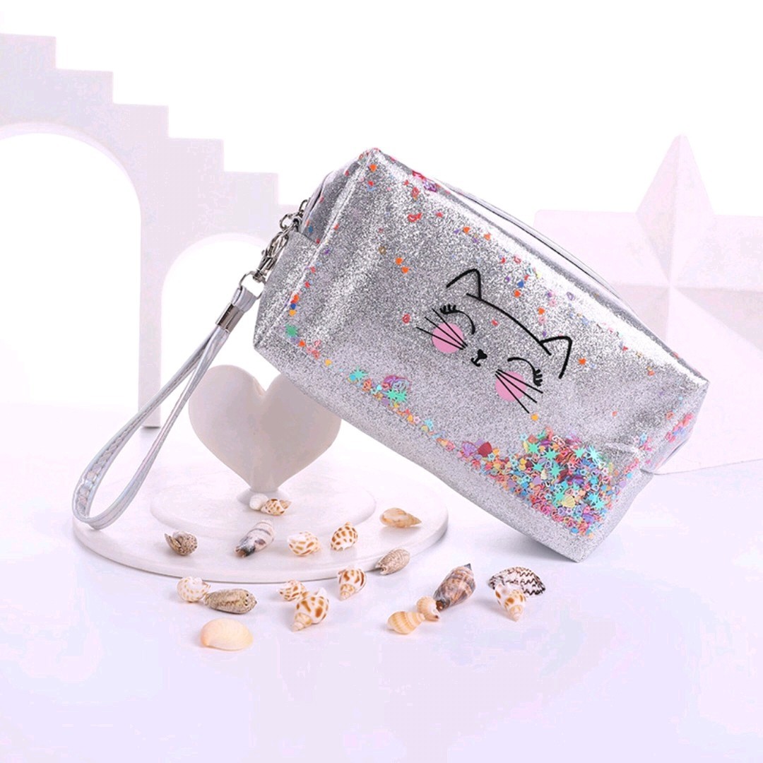 Cross-Border Cat Letter Printing Laser Cosmetic Bag Sequin Stitching PVC Quicksand Cosmetic Bag Logo Storage Bag