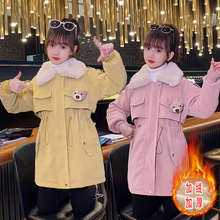 女童冬装加绒皮衣派克服2022新款时尚韩版洋气女孩外套中长款外衣