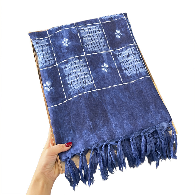 Spring and Autumn Thin Women's Blue Color Cotton and Linen Sunscreen Scarf Versatile Fashionable Warm Western Style Scarf Shawl Dual Purpose Scarf