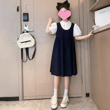 女童夏装连衣裙儿童泡泡短袖假两件背带裙韩版洋气大童学院风裙子