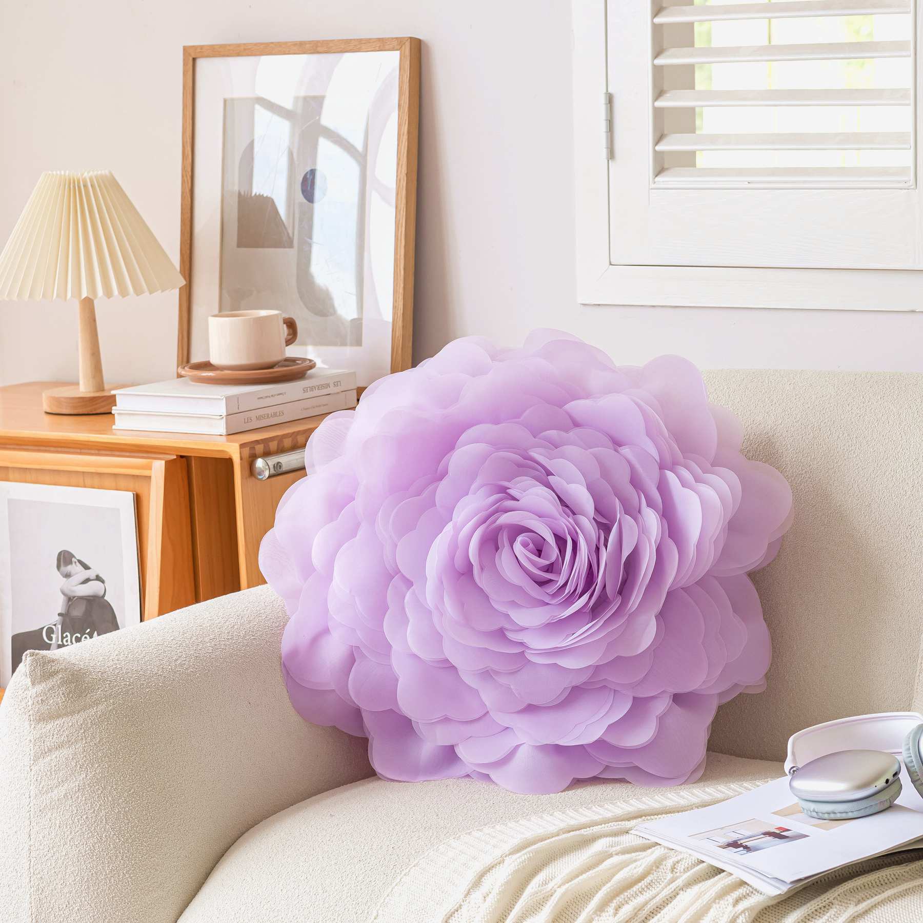 Princess Style Three-Dimensional Tulle Flower-Pattern Throw Pillow Ins Style Bedroom Bedside and Sofa Cushion Bay Window Peony Flower Throw Pillowcase
