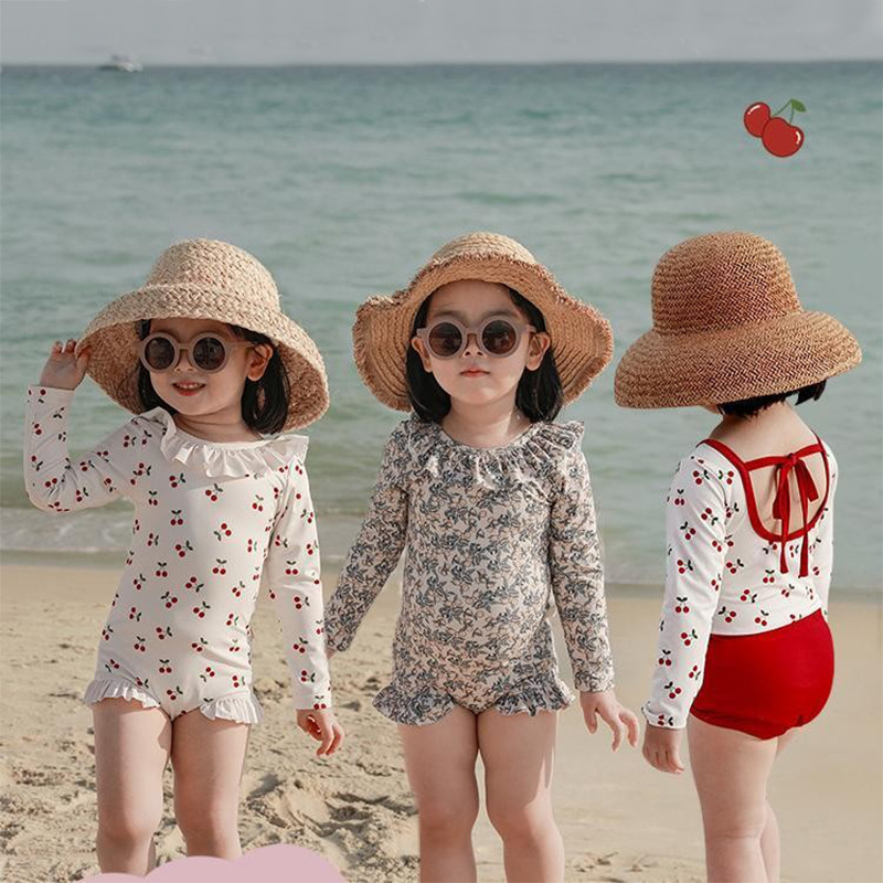 girls‘ swimsuit cute baby girls‘ long sleeve printed one-piece swimsuit korean style ins hot spring backless swimming