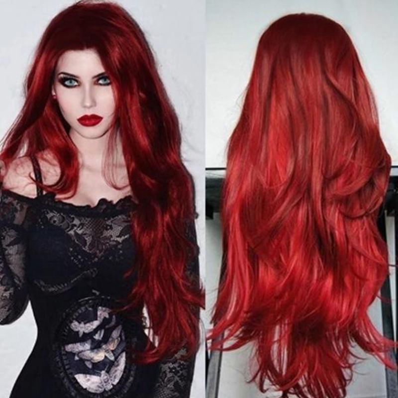 欧美跨境假发女气质艳丽酒红色长卷发头套高温哑光化纤丝厂家批发